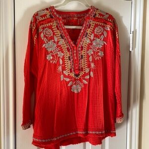 Johnny Was 100% Cotton Red Embellished Long Sleeve Tunic
